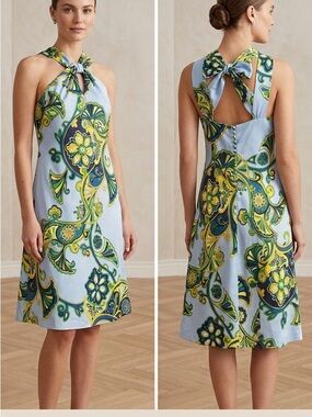 Banana Republic Light Blue Halter Bow-Back Dress with Green and Yellow Paisley